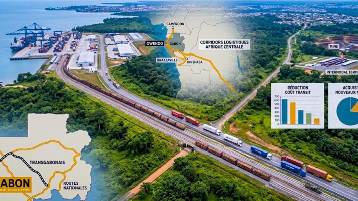 Carte et vue aérienne des corridors logistiques et infrastructures de transport en Afrique centrale.