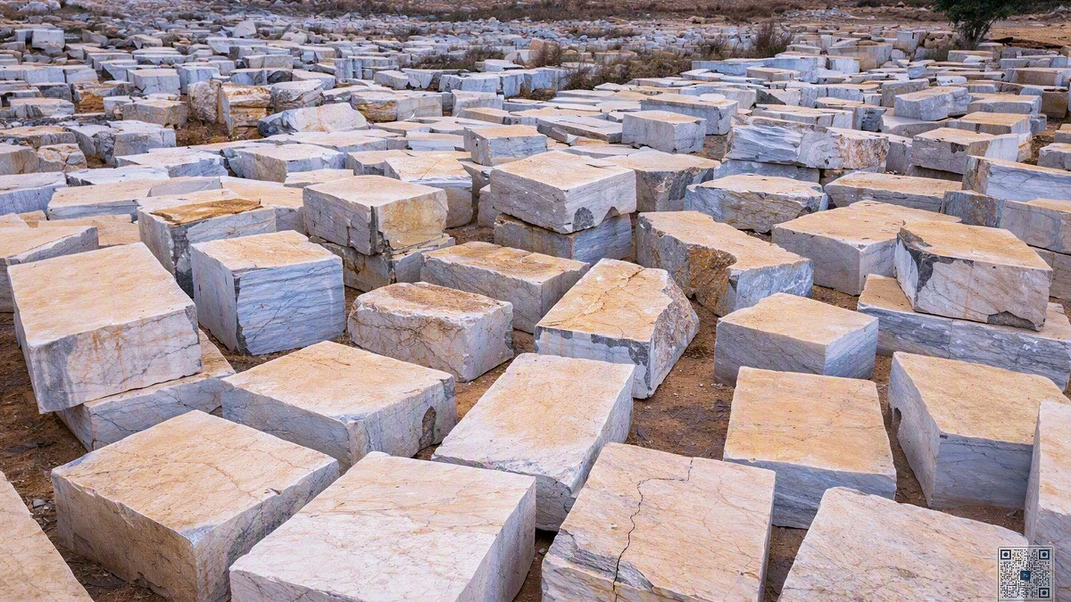 Blocs de marbre et équipements de transformation à l'usine de Doussiegoussou près de Tchibanga