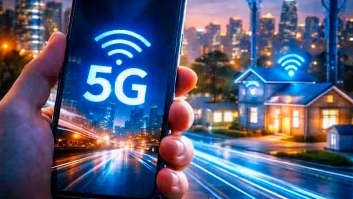 Un téléphone mobile connecté au réseau 5G lors de son lancement officiel à Libreville